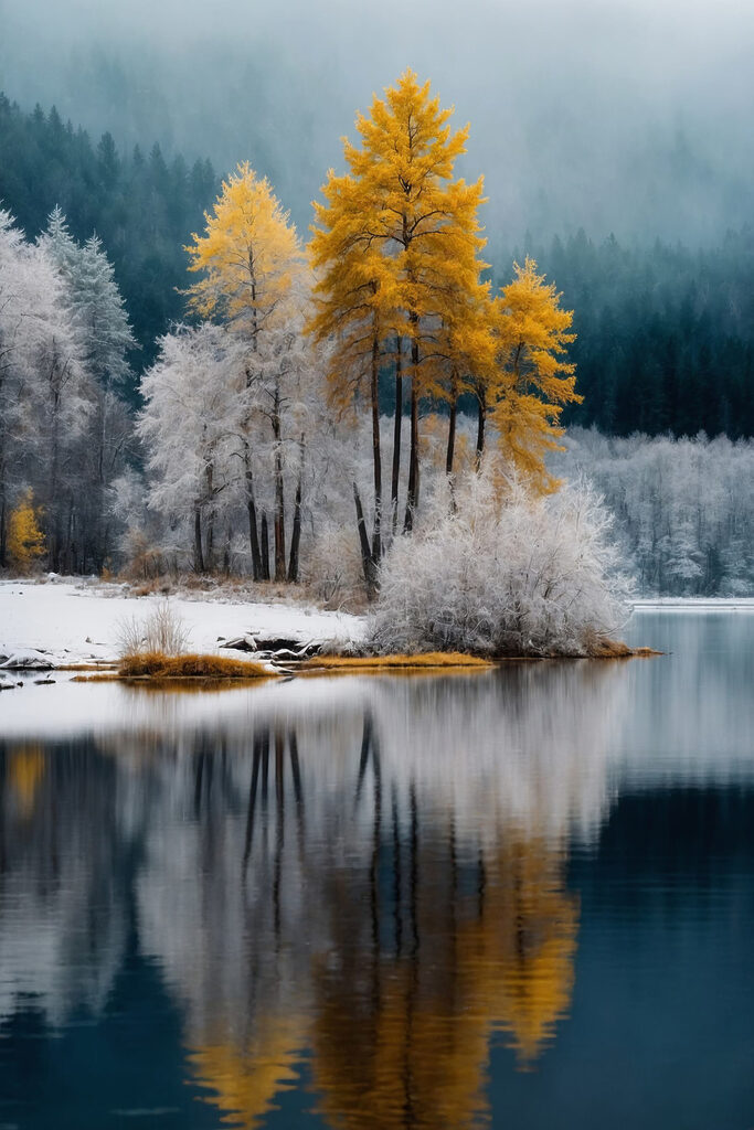 Lake with trees and snow