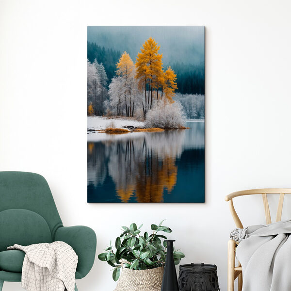 Lake with trees and snow