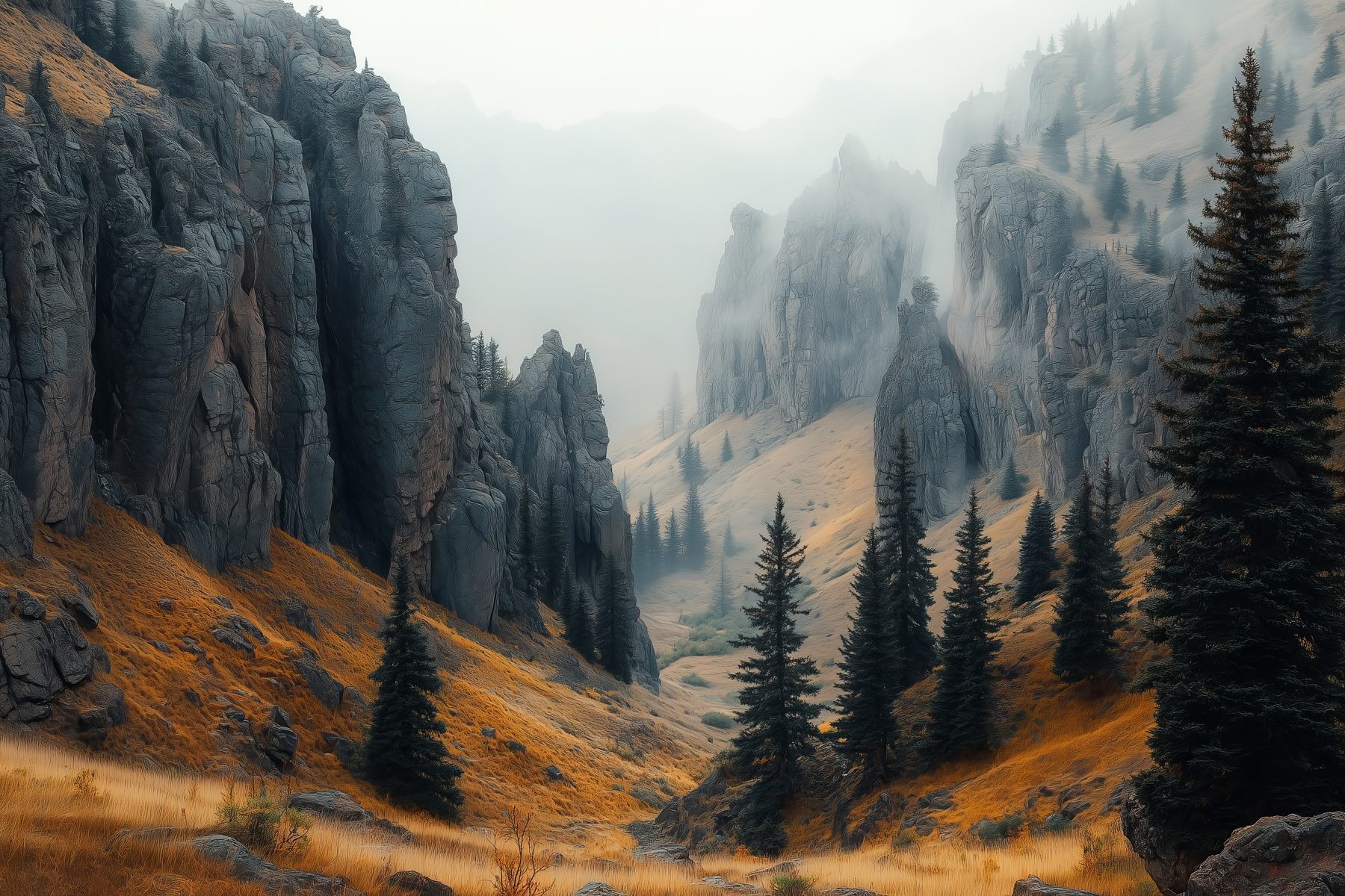 Rocky mountains with trees and fog Rocky mountains with trees and fog