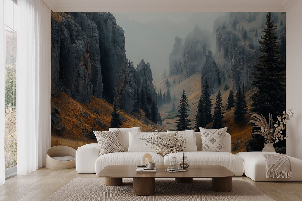 Rocky mountains with trees and fog Rocky mountains with trees and fog