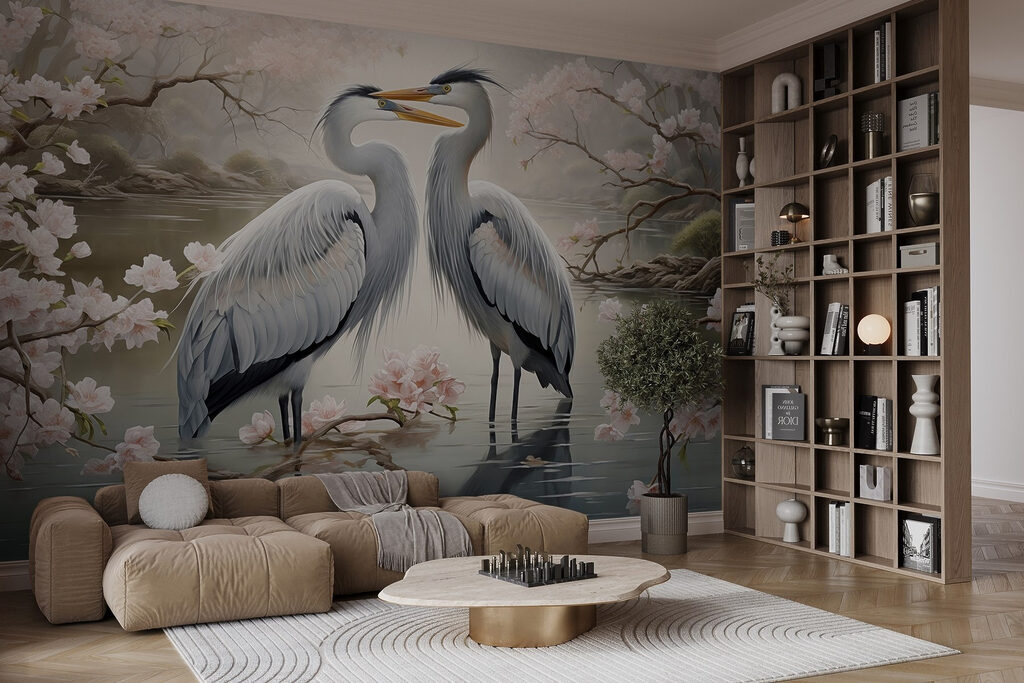 Couple of white birds standing in water with pink flowers Couple of white birds standing in water with pink flowers