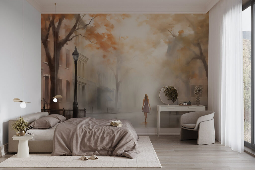 Woman walking down a street in the fog