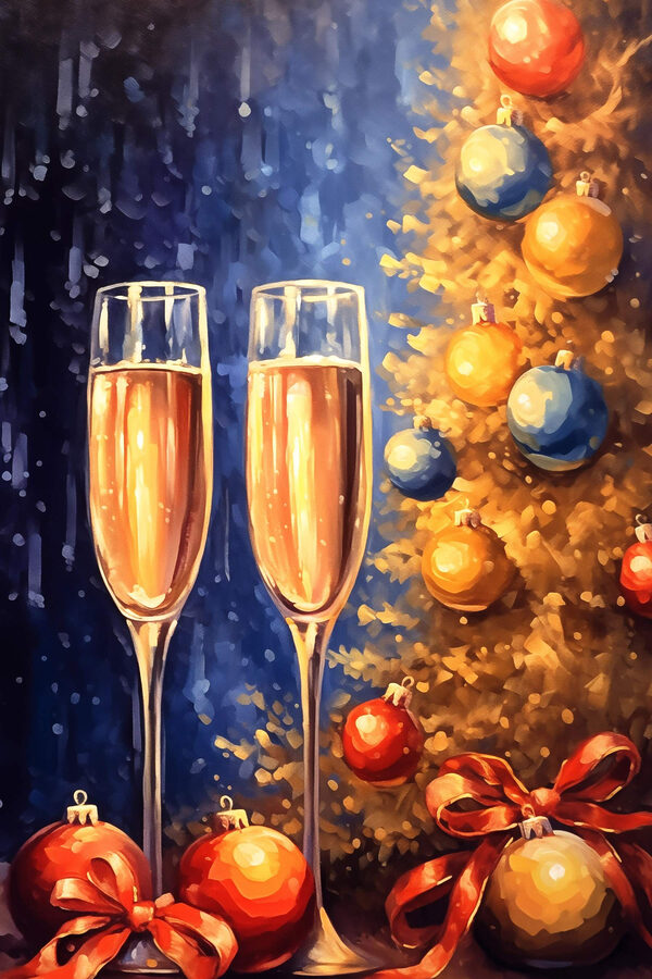 Két pezsgőspohár festménye egy karácsonyfa mellett Két pezsgőspohár festménye egy karácsonyfa mellett