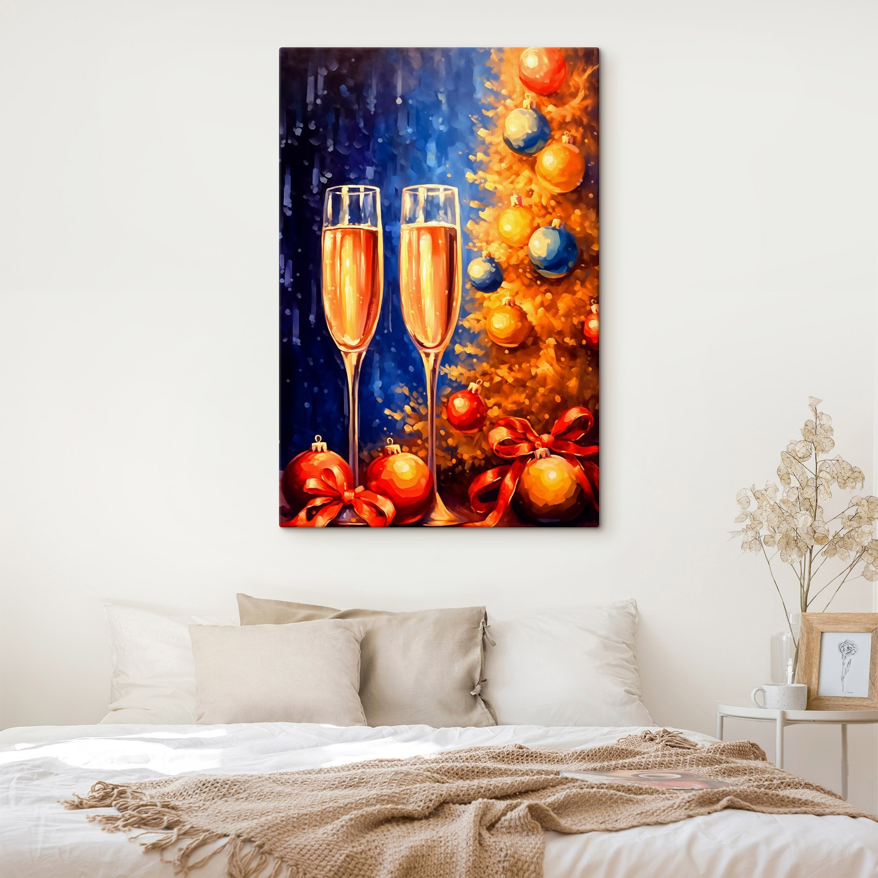 Painting of two champagne glasses next to a christmas tree