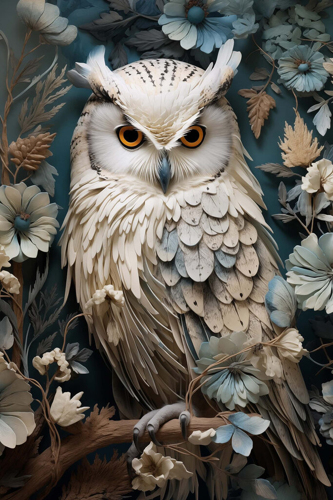 White owl with yellow eyes and a blue background with flowers