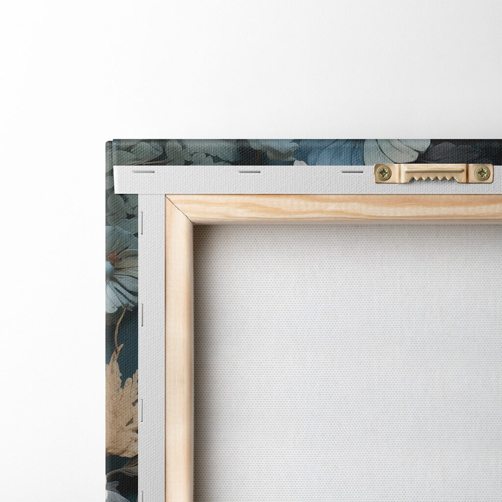 White owl with yellow eyes and a blue background with flowers