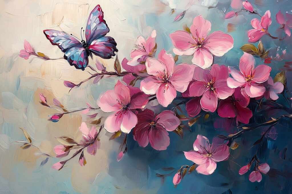 Butterfly on a branch of pink flowers Butterfly on a branch of pink flowers