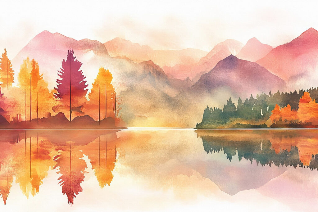 Watercolor painting of a lake with trees and mountains in the background Watercolor painting of a lake with trees and mountains in the background