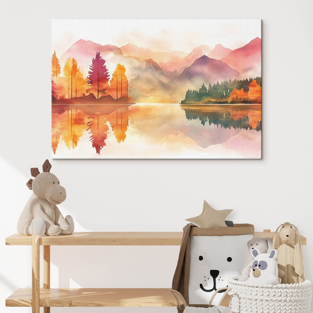 Watercolor painting of a lake with trees and mountains in the background Watercolor painting of a lake with trees and mountains in the background