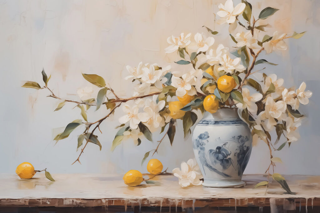 Painting of a vase with flowers and lemons