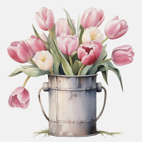 Rózsaszín tulipánok festése egy fém vödörben Rózsaszín tulipánok festése egy fém vödörben