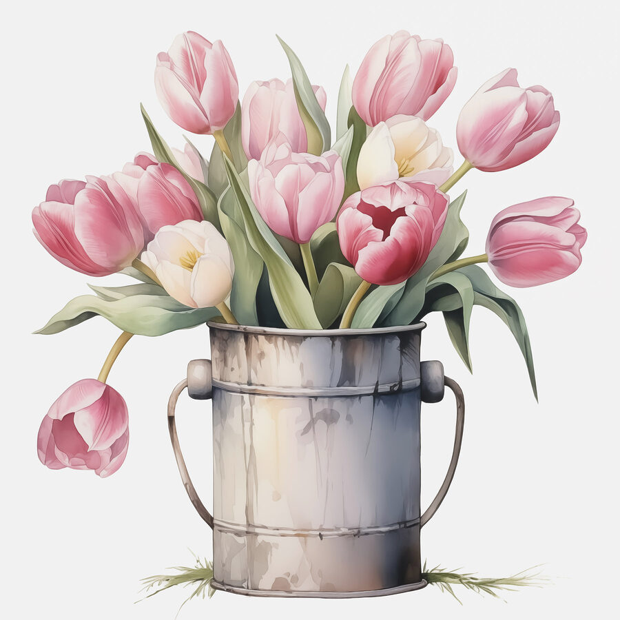 Rózsaszín tulipánok festése egy fém vödörben