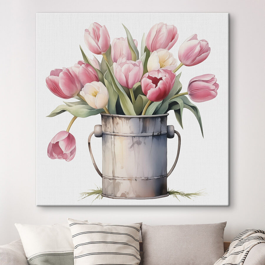 Rózsaszín tulipánok festése egy fém vödörben