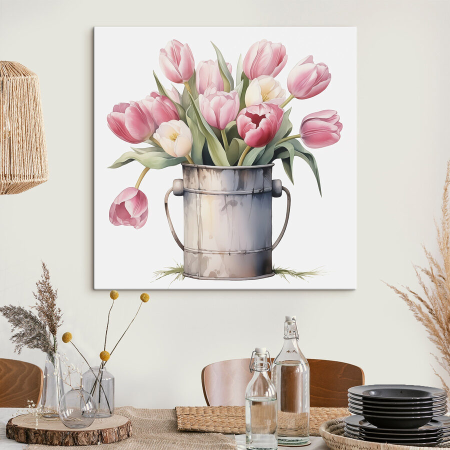 Rózsaszín tulipánok festése egy fém vödörben