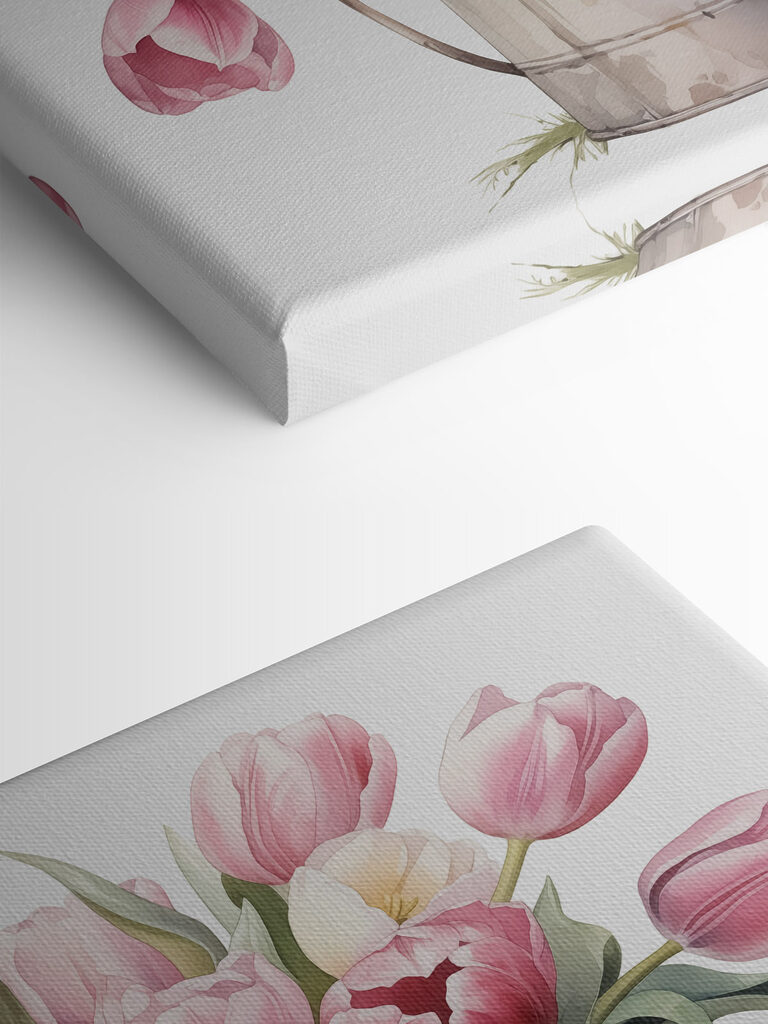 Painting of pink tulips in a metal bucket