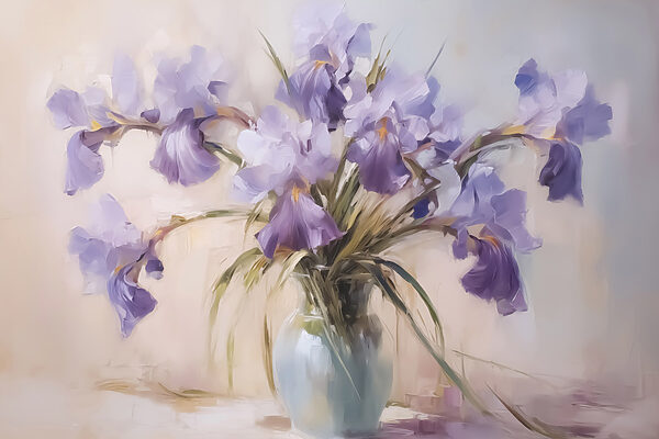 Painting of purple flowers in a vase