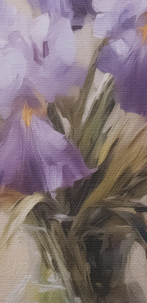 Painting of purple flowers in a vase