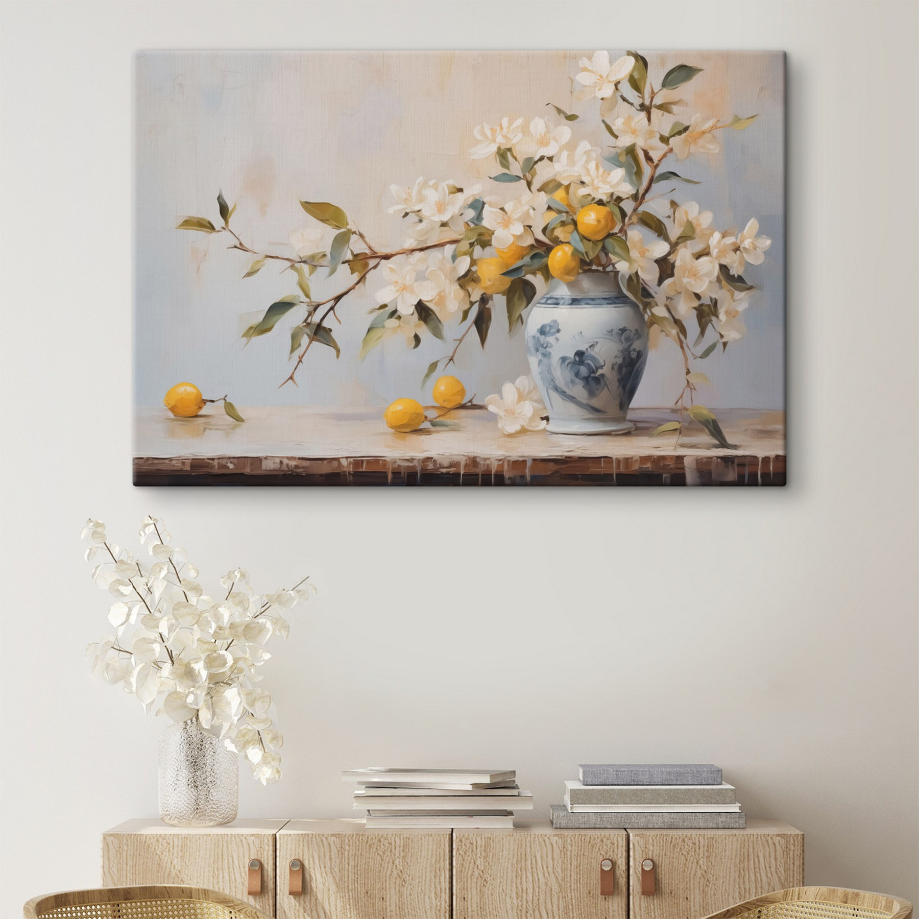 Painting of a vase with flowers and lemons