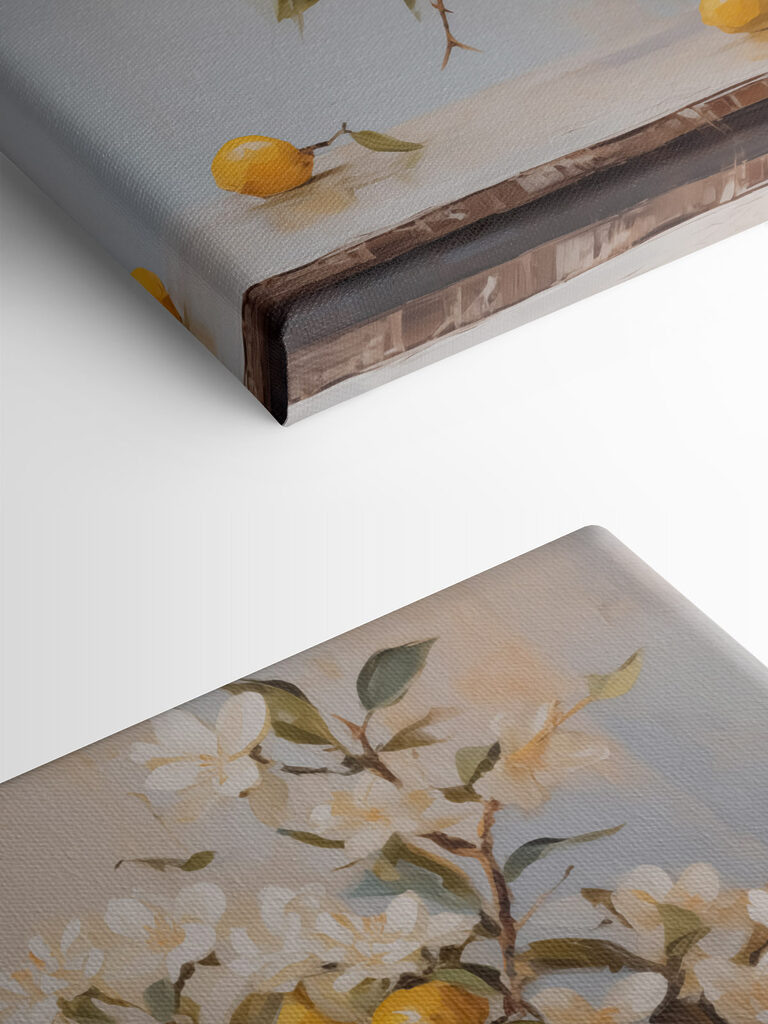 Painting of a vase with flowers and lemons