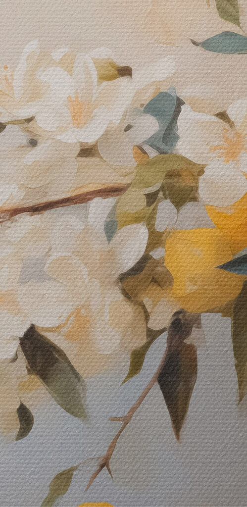 Painting of a vase with flowers and lemons