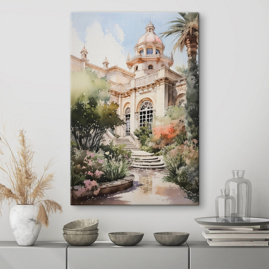 Watercolor painting of a building with a tower and stairs