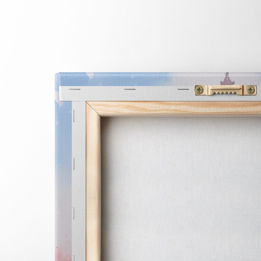 Watercolor painting of a tower with pink flowers and a bridge