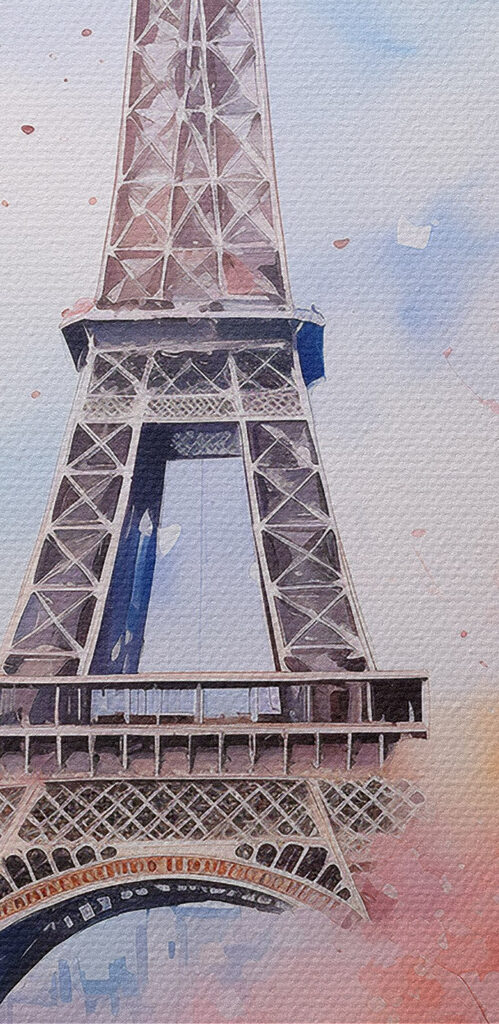 Watercolor painting of a tower with pink flowers and a bridge