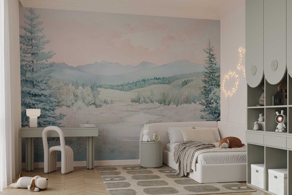 Watercolor painting of a river in a valley Watercolor painting of a river in a valley