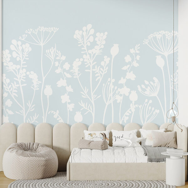 White flowers and leaves on a light blue background White flowers and leaves on a light blue background