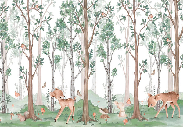 Wallpaper with a forest of trees and animals Wallpaper with a forest of trees and animals