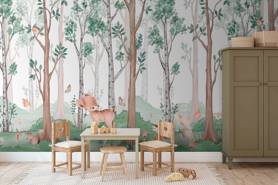 Wallpaper with a forest of trees and animals Wallpaper with a forest of trees and animals