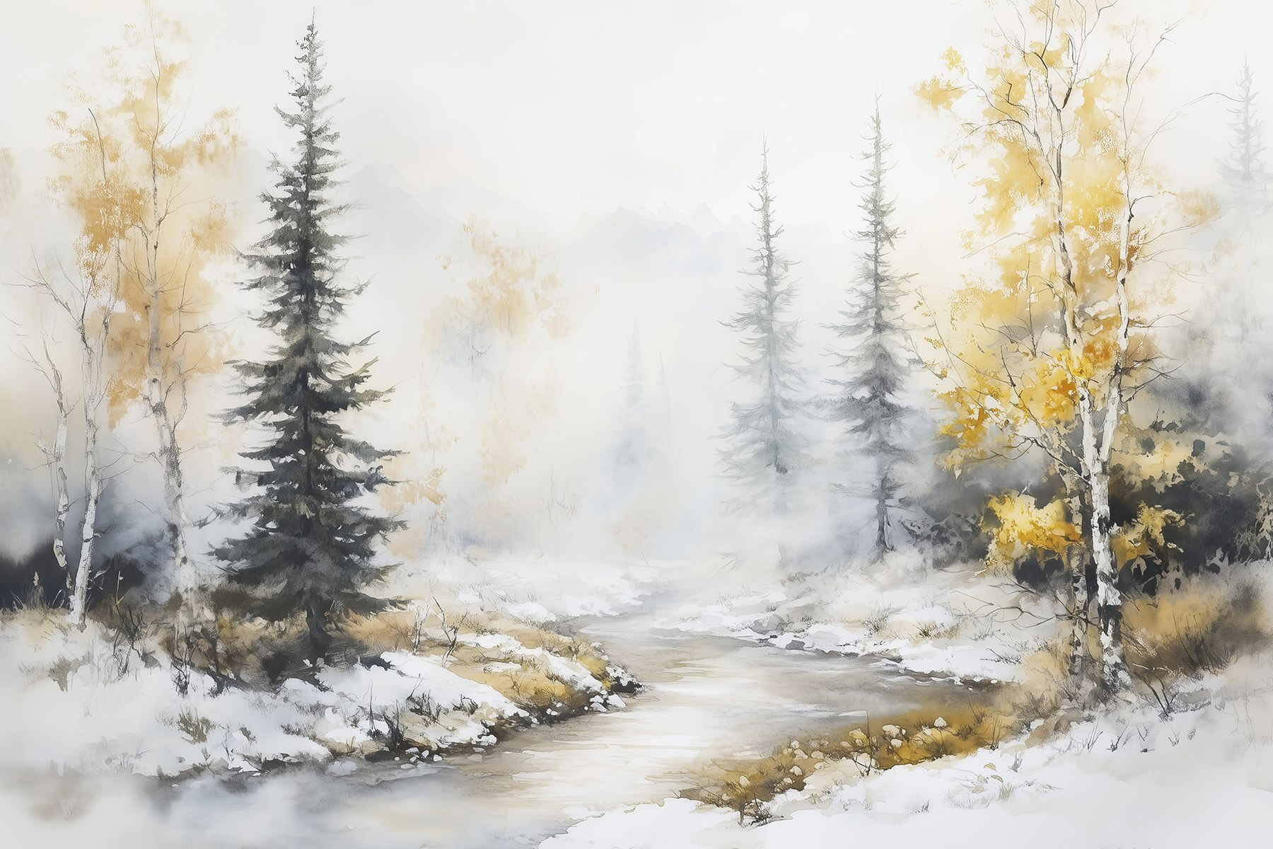 Watercolor painting of a river with trees and snow Watercolor painting of a river with trees and snow
