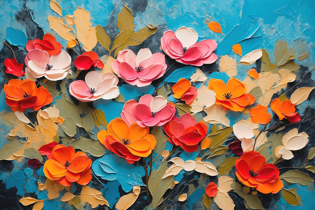 Painting of flowers on a blue surface