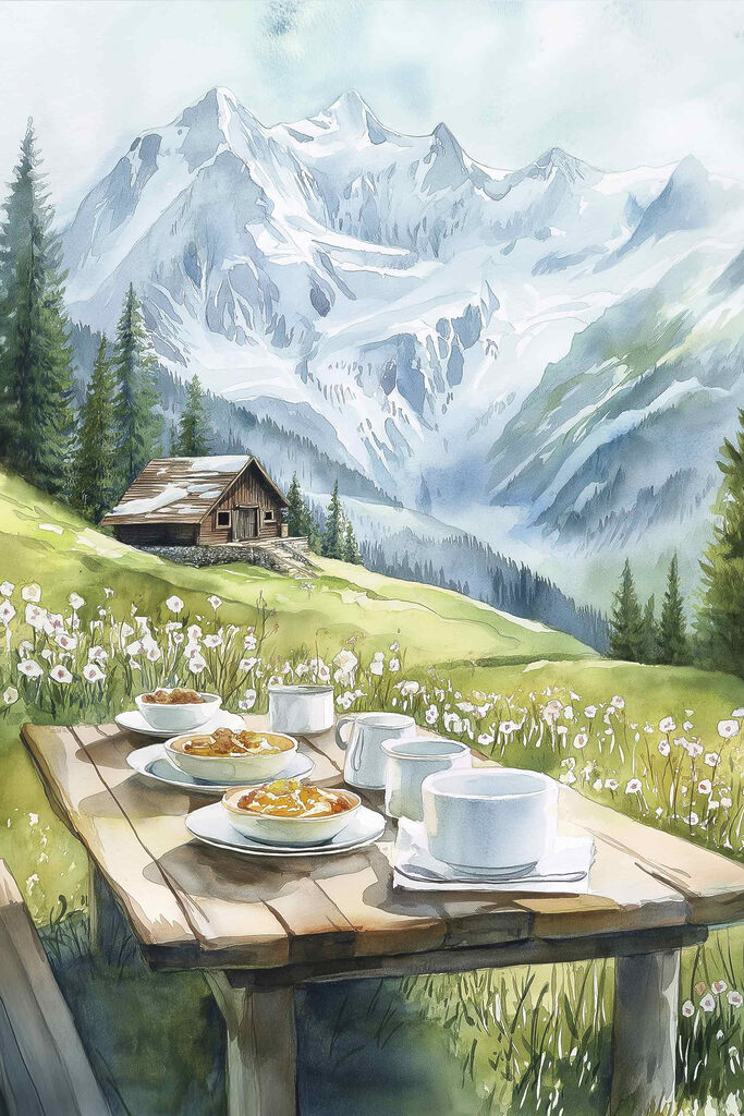 Table with plates of food and cups on it with mountains in the background