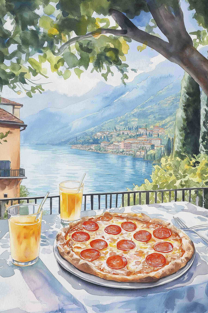 Watercolor painting of a pizza and drinks on a table