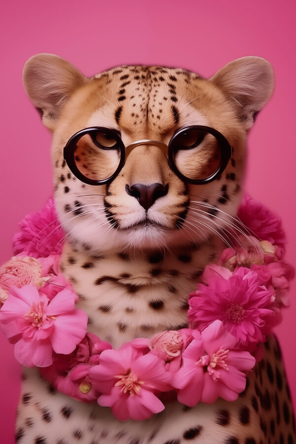 Leopard wearing glasses and a necklace of flowers