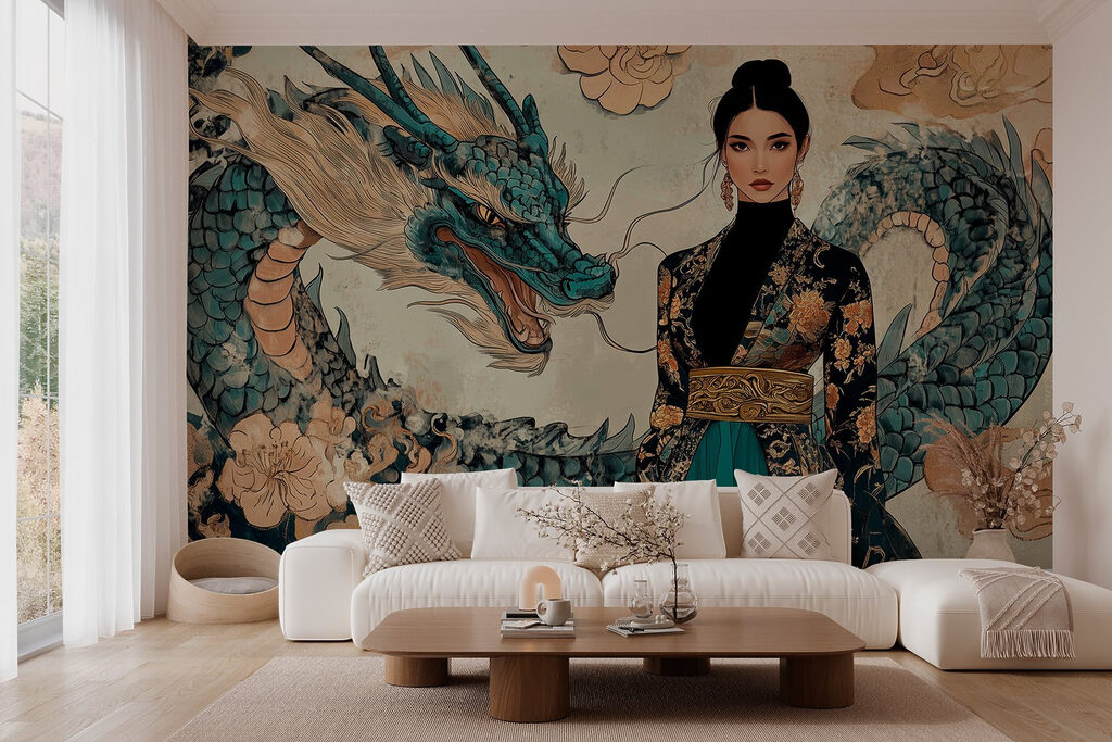 Woman in a kimono and a dragon Woman in a kimono and a dragon