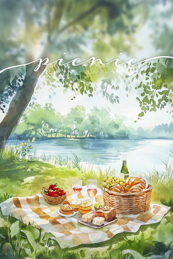 Akvarell festmény egy piknik étel és bor egy pokrócon egy tó mellett Akvarell festmény egy piknik étel és bor egy pokrócon egy tó mellett