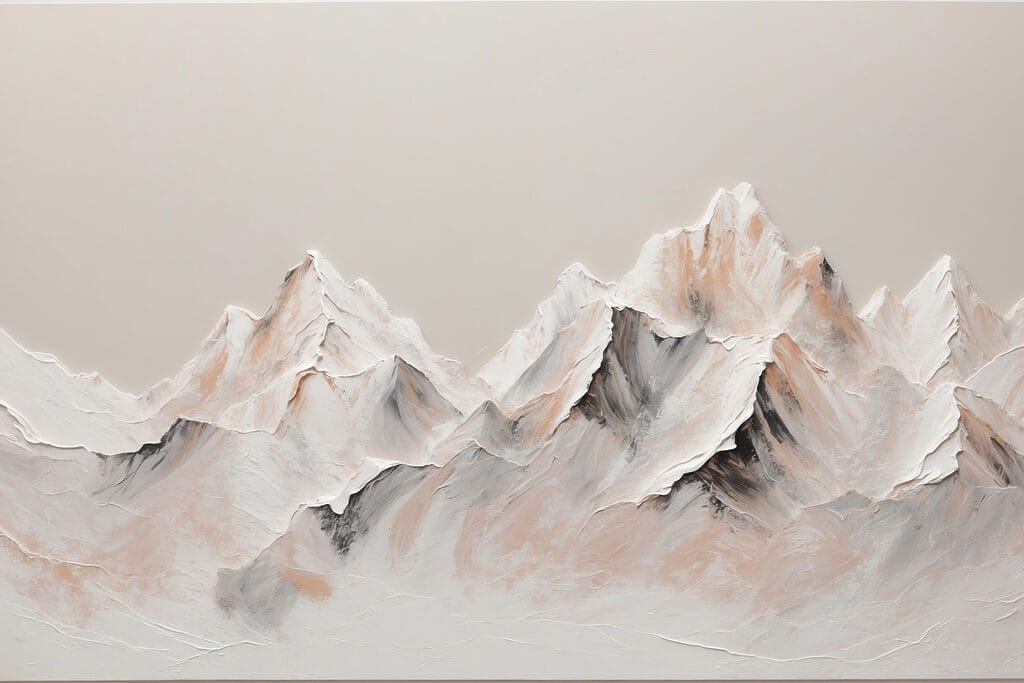 Painting of mountains with white and brown colors