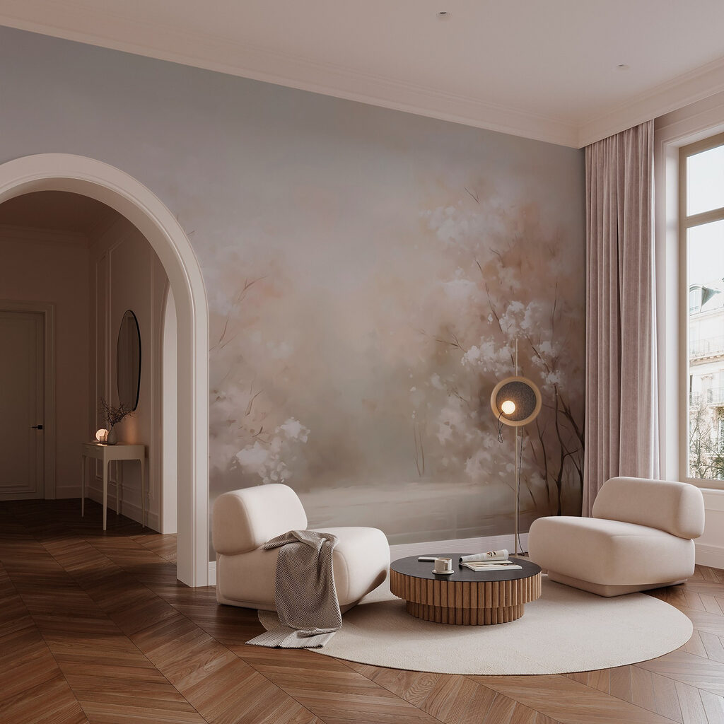 Water with trees and a foggy sky