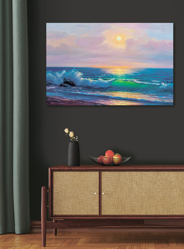 Painting of a beach with waves