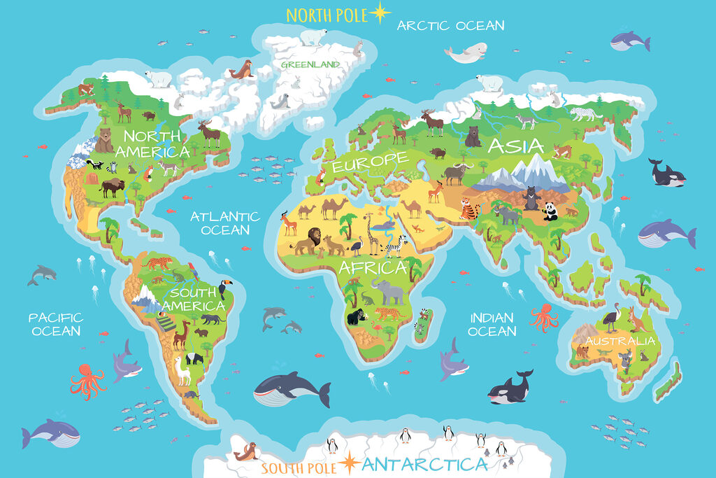 Map of the world with animals