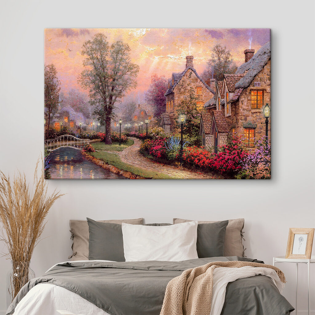 Painting of a house with flowers and a path Painting of a house with flowers and a path