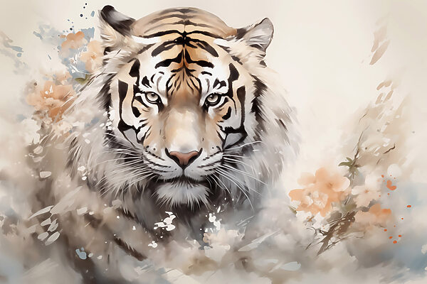 Tigris virágokkal a háttérben Tigris virágokkal a háttérben