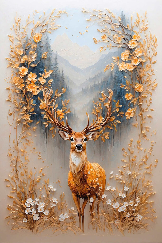 Painting of a deer with flowers and mountains