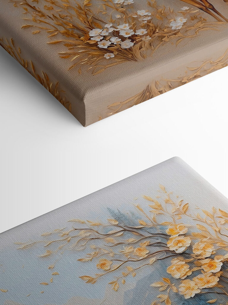 Painting of a deer with flowers and mountains