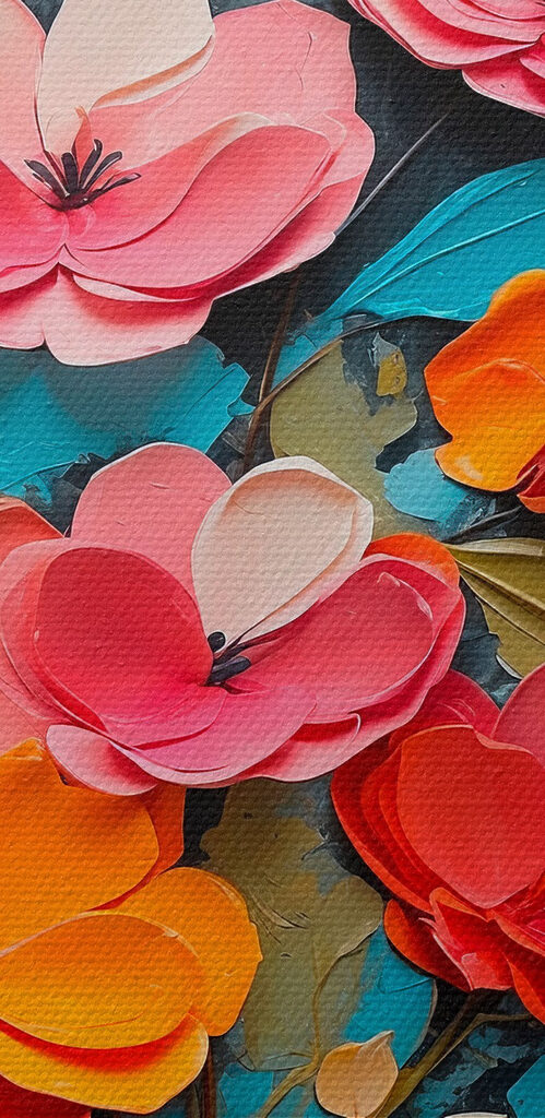 Painting of flowers on a blue surface