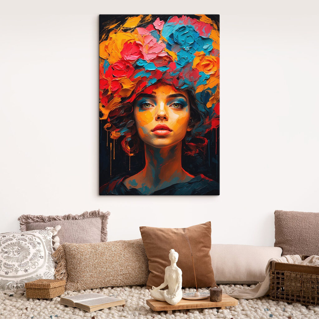 Woman with colorful flowers on her head Woman with colorful flowers on her head