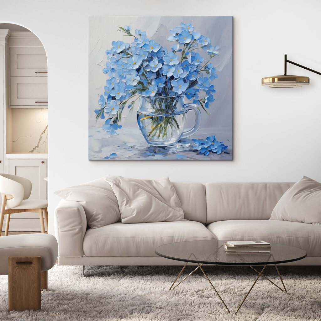 Painting of blue flowers in a glass vase