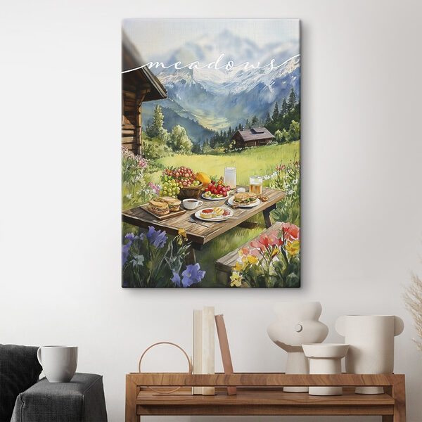 Vászonképek Vászonképek Asztal ételekkel és italokkal egy ház előtt (Cikkszám: s42425)